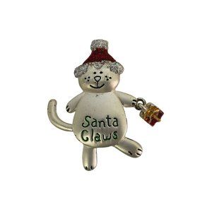 Vintage TC Santa Claws Brooch Pin Cat Wearing Hat Carrying Present Silver 2" x 2
